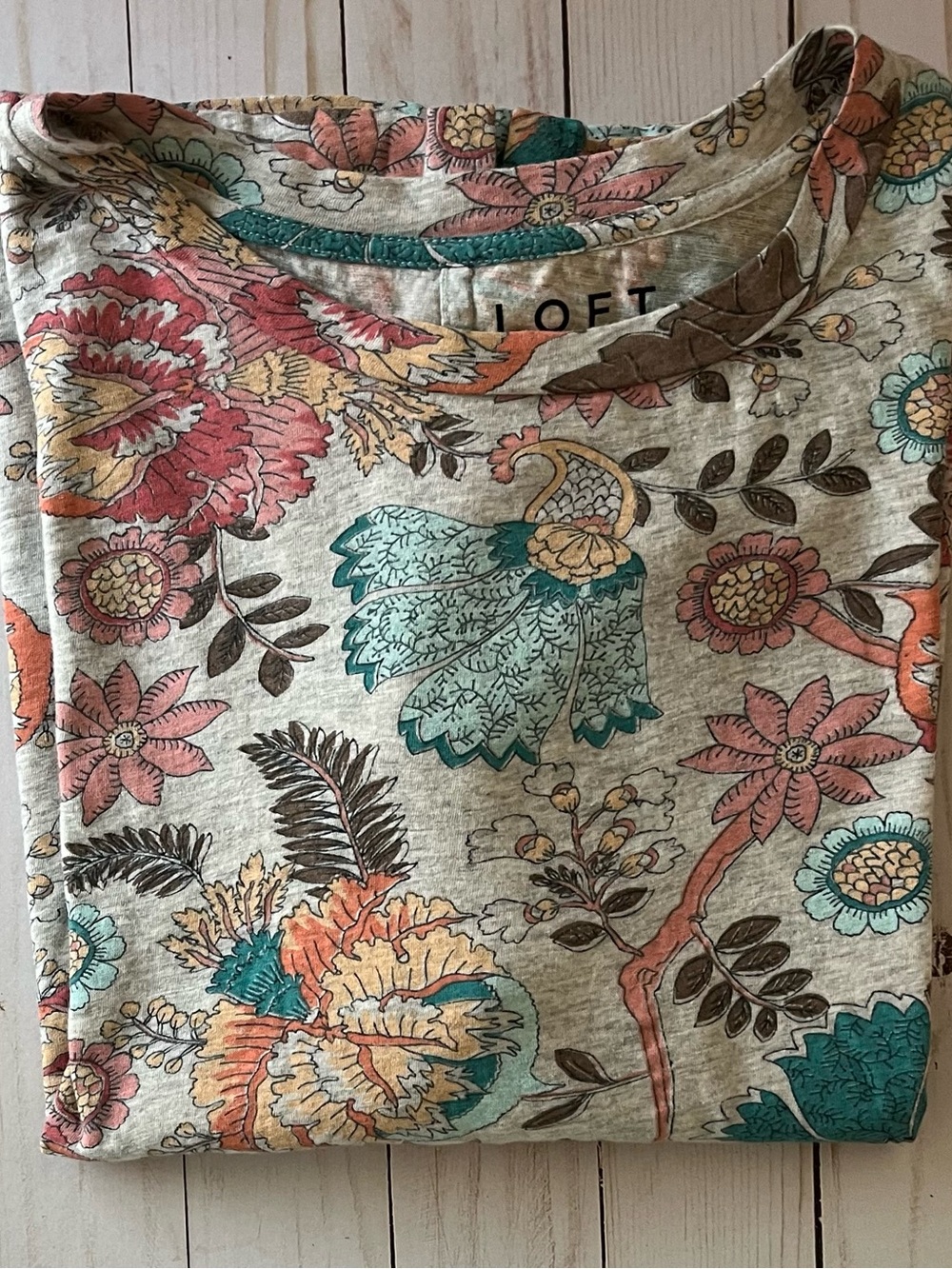 LOFT Cream Scoop Neck Top with Teal, Coral & Brown Floral Print